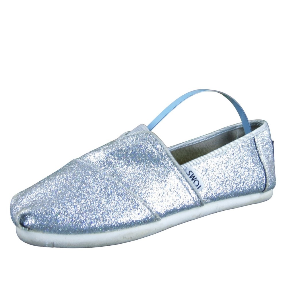Toms Flat Sparkle Girl Y 2 Medium Flat Silver Fabric Slip On